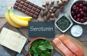 Serotonin foods, Serotonin, good mood food concept, brazil nuts, dark chocolate, cherries and salmon